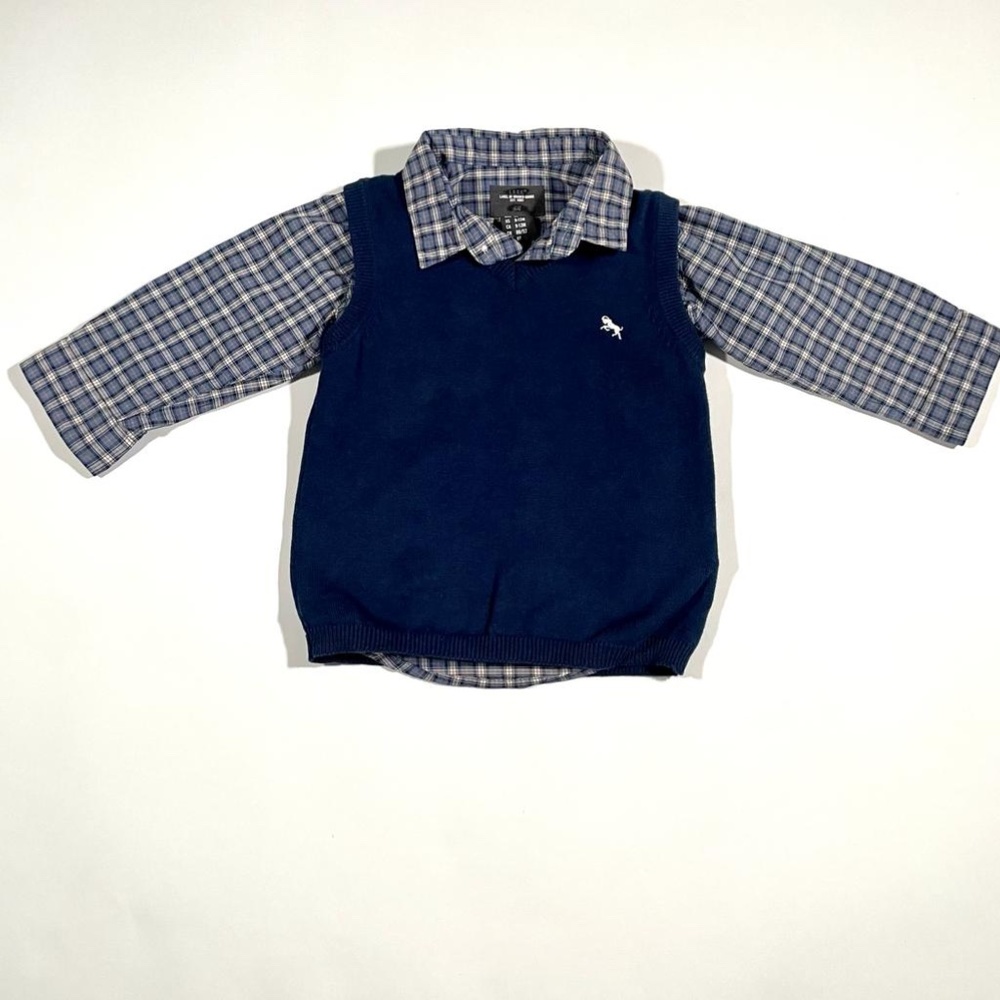 H&M Navy Blue Vest with Plaid Shirt Set - Size 9-12M